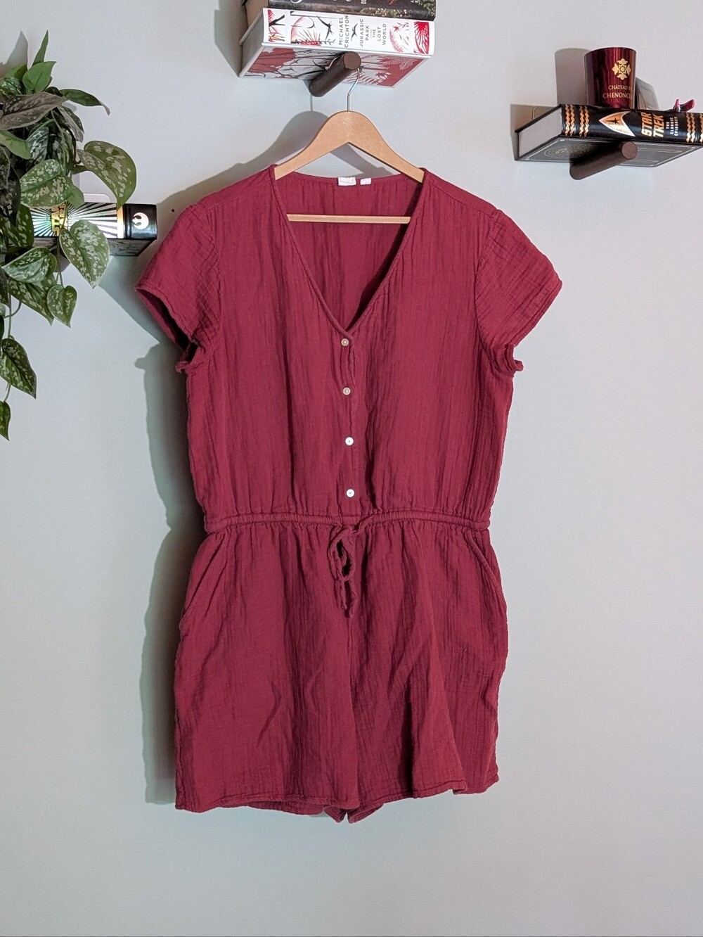 Gap 100% Cotton Maroon Romper W/Pockets - Large Tall